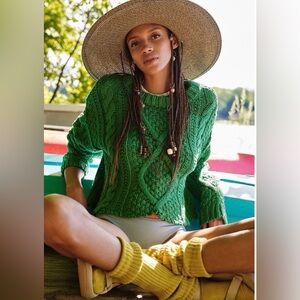 Free People Cutting Edge Cable Sweater, green, slight crop, raw hem, medium